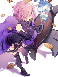 Rule 34 | 1girl, absurdres, animal, armor, armored dress, bad id, bad pixiv id, bare shoulders, black dress, black thighhighs, breasts, commentary request, cookie, dress, fate/grand order, fate (series), food, fou (fate), fur, gauntlets, hair over one eye, highres, holding, holding cookie, holding food, large breasts, light purple hair, looking at viewer, mash kyrielight, platinum (o0baijin0o), purple eyes, purple hair, shield, short hair, simple background, smile, solo, thighhighs, white background