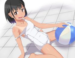 Rule 34 | &gt;:d, 1girl, :d, ball, barefoot, beachball, black hair, brown eyes, collarbone, commentary, leaning back, looking at viewer, one-piece swimsuit, one-piece tan, open mouth, original, school swimsuit, short hair, sitting, smile, solo, strap slip, suikasan, swimsuit, tan, tanline, tile floor, tiles, v-shaped eyebrows, wariza, white school swimsuit, white one-piece swimsuit