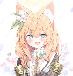 Rule 34 | 1girl, absurdres, animal ear fluff, animal ears, blue archive, blue eyes, blush, cat ears, emimeku, flower, hair between eyes, hair flower, hair ornament, halo, highres, holding, holding flower, long hair, long sleeves, looking at viewer, mari (blue archive), nun, open mouth, orange hair, simple background, smile, solo, upper body, white background, white flower, yellow halo