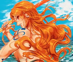 Rule 34 | 1girl, arm tattoo, bikini, bikini top only, blue nails, commentary, earrings, floating hair, highres, holding, holding stick, instagram username, jewelry, long hair, looking at viewer, looking back, nami (one piece), ocean, one piece, orange eyes, profile, sky, solo, stick, swimsuit, tattoo, twitter username, upper body, vanxllavina
