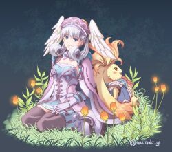 Rule 34 | 1girl, black thighhighs, blue dress, blue eyes, boots, breasts, cape, closed mouth, commentary request, dress, feathered wings, flower, grey hair, long hair, looking at viewer, melia antiqua, on grass, orange flower, pink cape, sitting, small breasts, smile, thighhighs, thighhighs under boots, twitter username, uzumaki (skydirt), white footwear, white wings, wings, xenoblade chronicles (series), xenoblade chronicles 1, yokozuwari