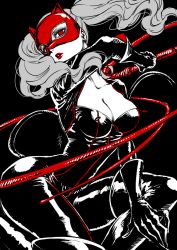Rule 34 | 1girl, blue eyes, bodysuit, breasts, catsuit, cleavage, earrings, gloves, jewelry, leather suit, limited palette, lipstick, long hair, makeup, mask, persona, persona 5, red eyes, saitou rokuro, solo, spot color, takamaki anne, twintails, whip