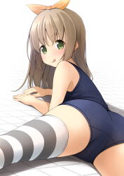 Rule 34 | 1girl, ass, blue one-piece swimsuit, brown hair, green eyes, hair ribbon, highres, long hair, looking at viewer, looking back, lying, old school swimsuit, on stomach, one-piece swimsuit, original, ribbon, school swimsuit, shibacha, simple background, solo, striped clothes, striped thighhighs, swimsuit, thighhighs, white background, yellow ribbon