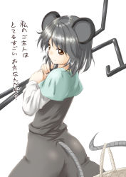 Rule 34 | 1girl, animal ears, basket, black hair, brown eyes, capelet, dowsing rod, female focus, from behind, highres, looking at viewer, looking back, mouse ears, mouse tail, nazrin, niwatazumi, solo, tail, touhou