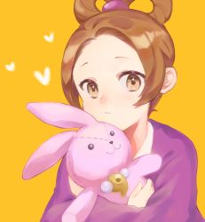 Rule 34 | 1girl, absurdres, ace attorney, brown eyes, brown hair, frown, hair rings, heart, highres, holding, holding stuffed toy, japanese clothes, kimono, looking at viewer, magatama, magatama necklace, necklace, pearl fey, purple kimono, rin (yukameiko), solo, stuffed animal, stuffed rabbit, stuffed toy, upper body, yellow background
