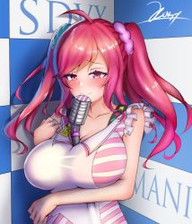 Rule 34 | 1girl, bemani, blue scrunchie, blush, breasts, dress, highres, large breasts, microphone, pink eyes, pink hair, pink scrunchie, rasis, scrunchie, sleeveless, sleeveless dress, sound voltex, twintails, urarasy