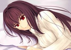Rule 34 | 1girl, absurdres, breasts, fate/grand order, fate (series), gu li, highres, long hair, looking at viewer, lying, on side, pillow, purple hair, red eyes, scathach (fate), scathach (fate), smile, solo, sweater, turtleneck, turtleneck sweater, white sweater