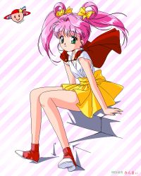Rule 34 | 1990s (style), 1girl, green eyes, hair rings, idol tenshi youkoso youko, pc-98 (style), pink hair, pixel art, retro artstyle, sitting, solo, stairs, tanaka youko, twintails