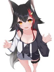 Rule 34 | 1girl, absurdres, animal ear fluff, animal ears, black hair, breasts, claw pose, cleavage, collarbone, dai okami kohei, english text, fang, feet out of frame, from above, hair between eyes, hair flaps, hair ornament, hands up, highres, hololive, hood, hoodie, large breasts, long hair, long sleeves, looking at viewer, multicolored hair, naked hoodie, ookami mio, ookami mio (casual), open mouth, orange eyes, red hair, scoop neck, simple background, skin fang, solo, streaked hair, tail, thigh strap, transparent background, two-tone hoodie, virtual youtuber, white background, wolf ears, wolf girl, wolf tail