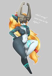 Rule 34 | 1girl, blonde hair, breasts, colored sclera, colored skin, glowing markings, helmet, highres, long hair, midna, multicolored skin, navel, nintendo, nipples, nude, pointy ears, pussy, red eyes, smile, solo, the legend of zelda, the legend of zelda: twilight princess, two-tone skin, very long hair, yellow sclera, zzvinniezz
