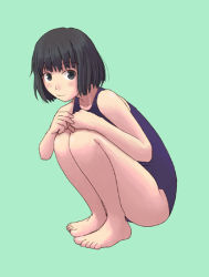 Rule 34 | 1girl, 808, aqua background, barefoot, black eyes, black hair, blush, collarbone, full body, hands on own knees, kimi kiss, looking away, one-piece swimsuit, school swimsuit, shijou mitsuki, short hair, simple background, smile, solo, squatting, swimsuit