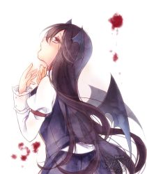 Rule 34 | 1girl, 2015, bad id, bad pixiv id, bat wings, blood, blood splatter, brown hair, crying, crying with eyes open, dated, fang, head wings, juliet sleeves, koakuma, long hair, long sleeves, mikazuki sara, open mouth, profile, puffy sleeves, red eyes, signature, skirt, skirt set, solo, tears, touhou, wings