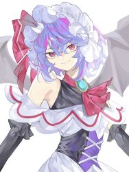 Rule 34 | 1girl, alternate costume, ascot, bat wings, black gloves, blue hair, brooch, elbow gloves, gloves, hat, hat ribbon, highres, himagon, jewelry, mob cap, red ascot, red eyes, red ribbon, remilia scarlet, ribbon, sleeveless, smile, solo, touhou, touhou gensou eclipse, upper body, wings