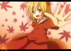 Rule 34 | 1girl, aki shizuha, blonde hair, character name, do (4-rt), dress, female focus, hair ornament, leaf, leaf hair ornament, leaf on head, letterboxed, object on head, open mouth, outstretched arms, short hair, smile, solo, touhou, yellow eyes