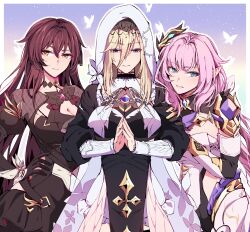 3girls :d aer007580 aponia_(honkai_impact) black_gloves blonde_hair blue_eyes breasts cleavage closed_mouth dress eden_(honkai_impact) elf elysia_(honkai_impact) elysia_(miss_pink_elf)_(honkai_impact) gloves hair_ornament highres honkai_(series) honkai_impact_3rd large_breasts looking_at_viewer multiple_girls nun open_clothes open_mouth own_hands_together pink_hair pointy_ears purple_dress purple_eyes purple_hair single_glove smile white_dress