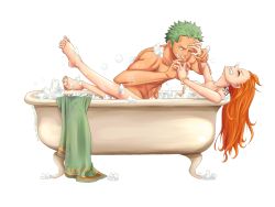 Rule 34 | barefoot, bath, bathtub, bubble, bubble bath, feet, green hair, highres, nami (one piece), one piece, orange hair, roronoa zoro, scar, scar across eye, scar on face, tattoo