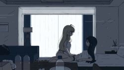 Rule 34 | 2girls, ahoge, bed, bedroom, black eyes, black hair, blonde hair, bottle, chito (shoujo shuumatsu ryokou), closed mouth, commentary, contemporary, couch, crumpled paper, curtains, dark room, english commentary, from side, girl on top, hair down, highres, indoors, long hair, looking at another, multiple girls, on bed, paid reward available, parisetya, profile, shirt, short sleeves, shoujo shuumatsu ryokou, smile, table, underwear, very long hair, water bottle, white shirt, yuri, yuuri (shoujo shuumatsu ryokou)