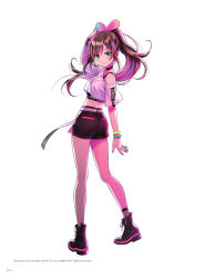 Rule 34 | 1girl, ankle boots, bare shoulders, belt, black footwear, boots, bracelet, brown hair, choker, closed mouth, fingernails, hand up, highres, jewelry, kizuna ai, kizuna ai inc., lips, looking at viewer, looking back, midriff, morikura en, multicolored hair, nail polish, official art, page number, pink hair, shorts, simple background, smile, solo, standing, tank top, virtual youtuber, white background, wristband