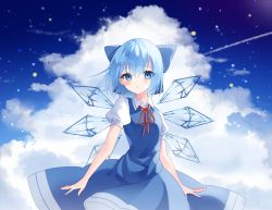 Rule 34 | 1girl, bad id, bad pixiv id, blue bow, blue dress, blue eyes, blue hair, blue sky, blush, bow, cirno, closed mouth, cloud, cloudy sky, collar, dress, eyes visible through hair, hair between eyes, ice, ice wings, looking at viewer, puffy short sleeves, puffy sleeves, red bow, red neckwear, short hair, short sleeves, sky, solo, standing, suikario, touhou, white collar, white sleeves, wings