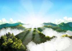 Rule 34 | anchoku 0621, blue sky, cloud, commentary request, day, fog, forest, highres, light rays, mononoke hime, nature, no humans, outdoors, scenery, sky, sun