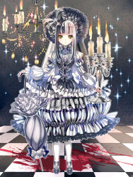 Rule 34 | 1girl, black bow, black hair, blood, blood splatter, blunt bangs, bow, bow-shaped hair, bowtie, candle, candlestand, chandelier, checkered floor, closed mouth, closed umbrella, dress, fire, frilled dress, frills, full body, gem, hair bow, holding, holding umbrella, lace, layered dress, lolita fashion, long hair, long sleeves, multicolored hair, original, pantyhose, parasol, solo, sparkle, standing, tamaki mitsune, umbrella, very long hair, white hair, white pantyhose, yamadaokutarou, yellow eyes