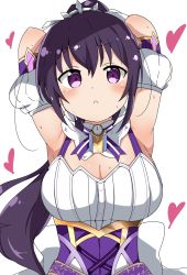 Rule 34 | 1girl, :&lt;, armor, armpits, arms up, blush, breasts, cleavage, commentary request, gochuumon wa usagi desu ka?, hair ornament, heart, highres, kirara fantasia, large breasts, liyocafe, looking at viewer, ponytail, purple eyes, purple hair, ribbon, simple background, solo, sweat, tedeza rize, white background