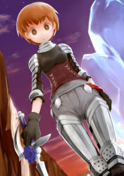 Rule 34 | 1girl, armor, fantasy earth zero, female focus, from below, gloves, goma (mm324), highres, outdoors, short hair, solo, sword, thigh gap, weapon