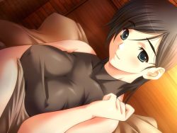 Rule 34 | 1girl, black hair, breasts, dungeon crusaderz, dungeon crusaderz tales of demon eater, game cg, green eyes, m&amp;m, pillow, short hair, solo