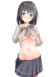 Rule 34 | 1girl, backlighting, black hair, bloom, blue eyes, blush, breasts, clothes lift, cowboy shot, hair between eyes, hand up, head tilt, highres, lifting own clothes, looking at viewer, midriff, navel, nervous smile, no bra, no panties, open clothes, open skirt, original, pleated skirt, school uniform, serafuku, shiny skin, sidelocks, simple background, skirt, small breasts, smile, solo, stomach, sweater, sweater lift, tatsumiya kagari, underboob, unzipped, zipper