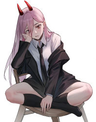 Rule 34 | + +, 1girl, absurdres, bilibilida, black jacket, black necktie, black socks, black suit, breasts, chainsaw man, chair, cheek rest, chinese commentary, collared shirt, cross-shaped pupils, crossed legs, demon horns, dress shirt, expressionless, formal, full body, hair between eyes, hand on own cheek, hand on own face, highres, horns, indian style, jacket, long hair, long sleeves, looking at viewer, necktie, no pants, off shoulder, open clothes, open jacket, parted lips, pink hair, power (chainsaw man), red eyes, shirt, simple background, sitting, small breasts, socks, solo, straight hair, suit, symbol-shaped pupils, white background, white shirt, wing collar