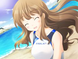 Rule 34 | 1girl, beach, blush, breasts, brown hair, cliff, cloud, closed eyes, game cg, kanae riho, koi to mizugi to taiyo to, large breasts, long hair, ocean, one-piece swimsuit, outdoors, sand, sky, smile, solo, sunlight, swimsuit, water, waves