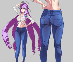 Rule 34 | 10s, 1girl, arm up, ass, breasts, cleavage, collarbone, denim, don (rg06268), front-tie top, gluteal fold, grey background, hand on own hip, highres, jeans, large breasts, long hair, macross, macross delta, midriff, mikumo guynemer, multicolored hair, multiple views, navel, pants, parted lips, purple hair, red eyes, shiny skin, shirt, simple background, standing, sweat, thigh strap, tied shirt, very long hair, wet, wet clothes, wet shirt