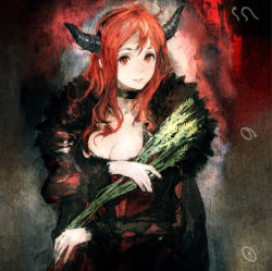 Rule 34 | 10s, 1girl, album cover, breasts, choker, cleavage, cover, demon horns, dress, fake horns, fur trim, highres, holding, horns, lips, long hair, looking at viewer, maou (maoyuu), maoyuu maou yuusha, official art, red eyes, red hair, smile, solo, toi8, wheat