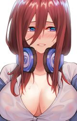 Rule 34 | 1girl, blue cardigan, blue eyes, blush, breasts, brown hair, cardigan, cleavage, collared shirt, covered erect nipples, eyebrows hidden by hair, go-toubun no hanayome, hair between eyes, headphones, headphones around neck, hibarikyoya namimori, highres, large breasts, long hair, looking to the side, nakano miku, off shoulder, parted lips, shirt, sweat, unbuttoned, wet, wet clothes, white shirt