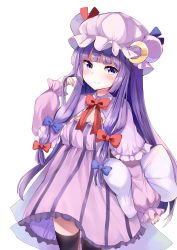 Rule 34 | 1girl, absurdres, black thighhighs, blue bow, blue ribbon, blush, bow, bowtie, closed mouth, crescent, crescent pin, dress, frilled dress, frilled sleeves, frills, hair bow, hair lift, hair ornament, hat, highres, holding, holding pillow, long hair, long sleeves, looking at viewer, mob cap, multi-tied hair, patchouli knowledge, pillow, purple dress, purple eyes, purple hair, red bow, red bowtie, red ribbon, ribbon, satori (kxdm8872), smile, solo, striped clothes, striped dress, thighhighs, touhou, tsurime, twintails