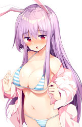Rule 34 | 1girl, animal ears, bare shoulders, bikini, blue bikini, blush, breasts, cleavage, collarbone, hair between eyes, highres, large breasts, long hair, long sleeves, looking at viewer, maturiuta sorato, navel, open mouth, pink shirt, purple hair, rabbit ears, red eyes, reisen udongein inaba, shirt, simple background, solo, stomach, string bikini, striped bikini, striped clothes, swimsuit, touhou, white background
