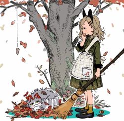 Rule 34 | 1girl, :3, :|, acorn, animal, animal ears, ankle socks, apron, arm at side, autumn, autumn leaves, bamboo broom, black footwear, black hairband, blonde hair, blush stickers, bow, branch, broom, brown socks, cat, cat ears, clenched hand, closed mouth, collared dress, commentary, dot nose, dress, expressionless, extra ears, fake animal ears, falling leaves, floral print, from side, full body, fusuma (nohbrk), green dress, grey cat, hair behind ear, hair ornament, hairband, hairclip, half-closed eyes, hand on own chin, hand up, hatching (texture), holding, holding broom, jitome, jpeg artifacts, leaf, leaf pile, light brown hair, linear hatching, long sleeves, looking away, looking down, mary janes, medium dress, motion lines, mushroom, original, outdoors, outline, parted bangs, plaid, plaid apron, pleated dress, pocket, print apron, profile, red bow, shoes, sleeve cuffs, socks, solo, standing, stroking own chin, symbol-only commentary, thinking, tree, waist apron, white apron, white background, white outline, wing collar, yellow eyes