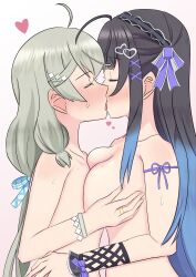 2girls ahoge arm_ribbon assault_lily asymmetrical_docking black_hair blue_hair blunt_bangs blush breast_press breasts closed_eyes collarbone commentary_request face-to-face facing_another flat_chest french_kiss from_side gradient_background gradient_hair grey_hair hair_ornament hair_ribbon hand_on_another&#039;s_chest hand_on_another&#039;s_waist hand_up heart heart_hair_ornament highres jewelry kanabako_misora kiss long_hair medium_breasts mozuna_noa multicolored_hair multiple_girls nose_blush nude official_alternate_costume pink_background profile purple_ribbon puru_(pru_azucena) ribbon ring saliva sidelocks sweat two-tone_hair upper_body white_background wrist_cuffs yuri