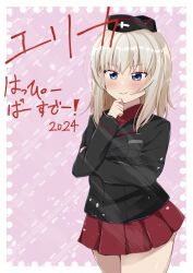 Rule 34 | 1girl, 2024, black hat, black jacket, blue eyes, character name, closed mouth, commentary, cowboy shot, dress shirt, garrison cap, girls und panzer, grey hair, hand on own arm, hand on own chin, happy birthday, hat, highres, insignia, itsumi erika, jacket, kuromorimine military uniform, long sleeves, looking at viewer, medium hair, military hat, military uniform, miniskirt, oyatsu (1727318), pleated skirt, red shirt, red skirt, shirt, skirt, smile, solo, standing, translated, uniform, wing collar