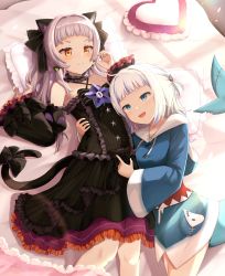 Rule 34 | 2girls, adda, animal ears, animal hood, bare shoulders, black bow, blue eyes, blue hair, bow, cat ears, cat girl, cat tail, collarbone, commentary, detached sleeves, fins, fish tail, gawr gura, hair bow, highres, hololive, hololive english, hood, long sleeves, looking at another, medium hair, multicolored hair, multiple girls, murasaki shion, murasaki shion (gothic lolita), on bed, open mouth, pillow, shark tail, sharp teeth, silver hair, smile, streaked hair, tail, tail bow, tail ornament, teeth, two side up, virtual youtuber, wide sleeves, yuri