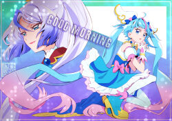 Rule 34 | 2girls, ahoge, asymmetrical clothes, blue cape, blue dress, blue eyes, blue footwear, blue hair, boots, border, cape, commentary request, cure sky, dress, earrings, english text, eyelashes, gloves, good morning, gradient hair, hair ornament, hirogaru sky! precure, jewelry, kamikita futago, long hair, looking at viewer, magical girl, multicolored hair, multiple girls, pink hair, ponytail, precure, purple hair, shalala (precure), sora harewataru, streaked hair, thighhighs, thighs, twintails, very long hair, white gloves, white thighhighs, wing hair ornament