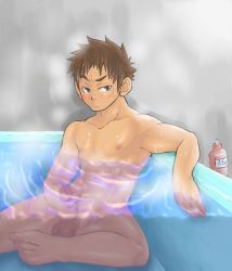 Rule 34 | 1boy, abs, bathing, blush, brown eyes, brown hair, censored, cleaning, indoors, itto (mentaiko), male focus, muscular, nude, penis, solo, testicles, watching, water
