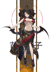 Rule 34 | 1girl, :d, absurdres, ahoge, bikini, black footwear, black hair, breasts, chinese commentary, choker, cleavage, commentary request, copyright request, detached sleeves, fang, front-tie bikini top, front-tie top, full body, hair over one eye, halterneck, highres, horns, large breasts, lcy bingzi, long hair, long sleeves, looking at viewer, low wings, nail polish, navel, open mouth, red bikini, red choker, red eyes, red nails, sarong, shoes, single horn, skin fang, smile, solo, standing, stomach, string bikini, swimsuit, two side up, underboob, wings