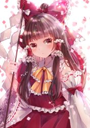 Rule 34 | 1girl, arm up, bare shoulders, bloom, bow, brown eyes, brown hair, closed mouth, collar, confetti, detached sleeves, dress, gohei, hair tubes, hakurei reimu, hand up, hime cut, jaku sono, light, long hair, long sleeves, ponytail, red bow, red dress, solo, standing, touhou, white background, white collar, white sleeves, yellow bow, yellow neckwear