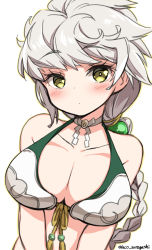 Rule 34 | 1girl, adapted costume, asymmetrical hair, bikini, braid, braided ponytail, breasts, bright pupils, cleavage, cloud print, collarbone, commentary request, halterneck, head tilt, jitome, kantai collection, laco soregashi, large breasts, long hair, looking at viewer, one-hour drawing challenge, silver hair, simple background, single braid, solo, swimsuit, twitter username, unryuu (kancolle), upper body, very long hair, white background, yellow eyes