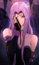 Rule 34 | 1girl, absurdres, black dress, black sleeves, blindfold, closed mouth, collar, detached sleeves, dress, facial mark, fate/grand order, fate/stay night, fate (series), female focus, forehead mark, highres, long hair, long sleeves, looking at viewer, matching hair/eyes, medusa (fate), medusa (rider) (fate), purple collar, purple eyes, purple hair, qazqaz378, short dress, solo, square pupils, strapless, strapless dress, very long hair