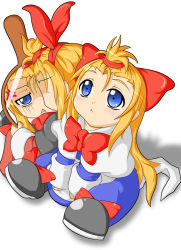 Rule 34 | 2girls, :&lt;, alternate hairstyle, anger vein, annoyed, bad id, bad pixiv id, between legs, blonde hair, blue eyes, bow, bowtie, female focus, hair bow, hair up, hand between legs, hand mirror, hourai doll, kokujuuji, long hair, looking up, mirror, multiple girls, shaded face, shanghai doll, simple background, sitting, touhou