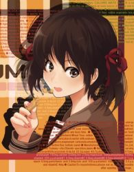 Rule 34 | 1girl, brown eyes, brown hair, caloriemate, eating, english text, original, ribbon, school uniform, serafuku, short hair, solo, wakatsuki sana
