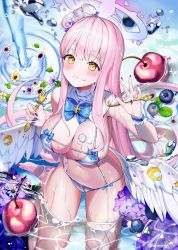 Rule 34 | 1girl, absurdres, angel wings, apple, armpits, bare shoulders, barefoot, bikini, blue archive, blueberry, bow, bowtie, breasts, caustics, cleavage, closed mouth, cream on body, detached collar, feathered wings, fishnet thighhighs, fishnets, food, fork, fruit, garter straps, hair bun, halo, highres, holding, large breasts, long hair, looking at viewer, low wings, mika (blue archive), nail polish, navel, pink hair, pparong e, purple nails, single thighhigh, sitting, skindentation, solo, spoon, stomach, string bikini, swimsuit, thighhighs, thighs, very long hair, water, wet, white bikini, wings, wrist cuffs, yellow eyes