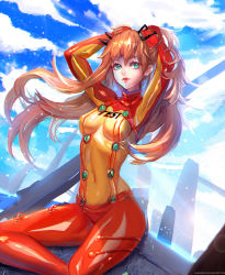 Rule 34 | 1girl, adjusting hair, alternate hairstyle, aqua eyes, armpits, arms up, artist name, blue eyes, blue sky, bodysuit, bracer, breasts, clothes writing, cloud, colored eyelashes, covered navel, day, english text, floating hair, from side, gloves, hair ornament, tucking hair, hairpods, headgear, highres, interface headset, lens flare, light particles, lips, long hair, looking at viewer, neon genesis evangelion, orange hair, outdoors, parted lips, pilot suit, plugsuit, red bodysuit, sangrde, see-through, see-through bodysuit, shiny clothes, sitting, skin tight, sky, small breasts, smile, solo, souryuu asuka langley, sunlight, test plugsuit, turtleneck, twintails, two side up, tying hair, very long hair, watermark, web address, wide hips, wind